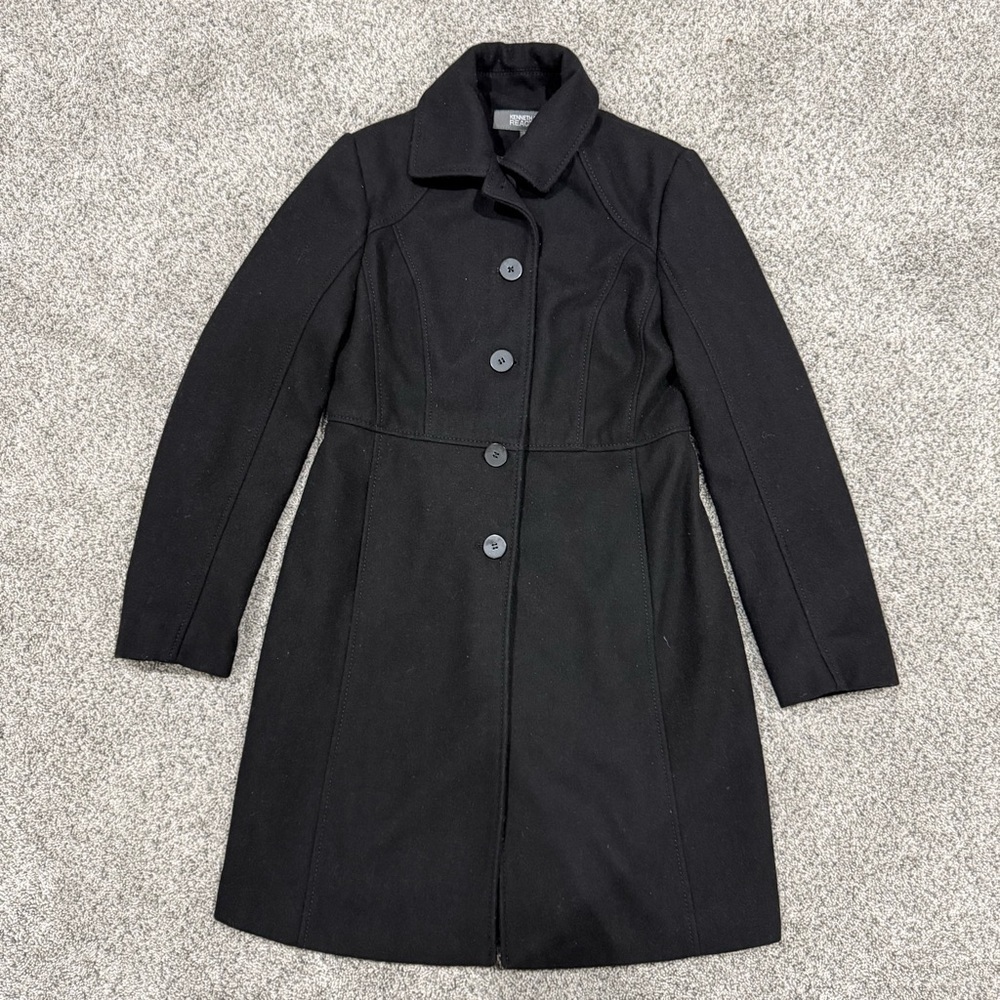 KENNETH COLE Reaction Womens 8 Wool A Line Trench Coat Black Jacket Long Sleeve